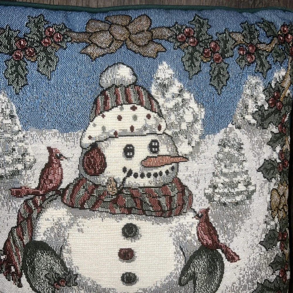 2 Tapestry Christmas Throw Pillows Snowman And Winter Scene